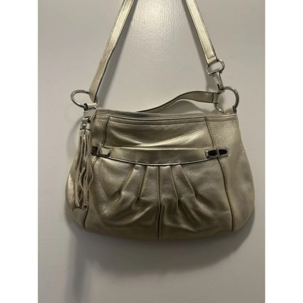 B Makowsky‎ Women's Pebbled Leather Crossbody Champaign Metallic Handbag Y2K